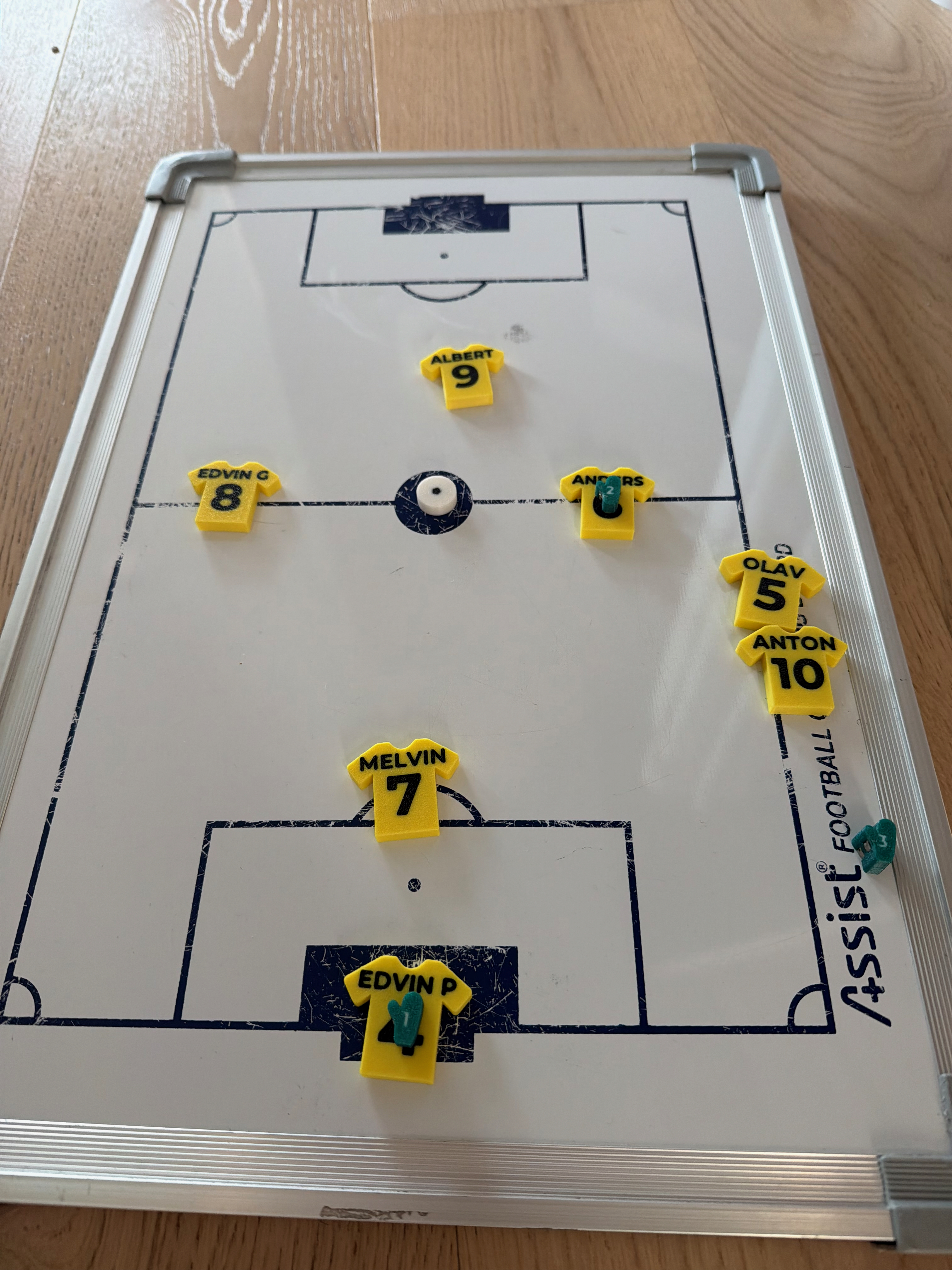 Komplett lag med draktmagneter, fotball og keeperhanske på taktikktavle